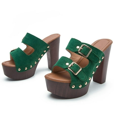 

EQWLJWE Platform Super High Heels Mules for Women Chunky Block Studded Round Toe Slides Sandals Backless Fashion Dress Club Shoes