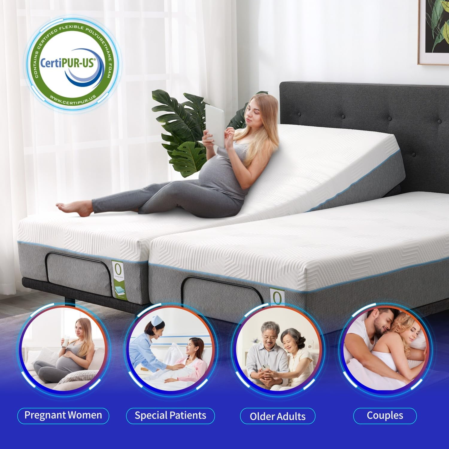 Queen Adjustable Bed Frame with Mattress,12 Inch White Gel Memory Foam Medium-Firm Mattress in Box,Pillow-Tilt, Head and Foot Lift, Updated AElectric Beds with APP Control,USB, Massage