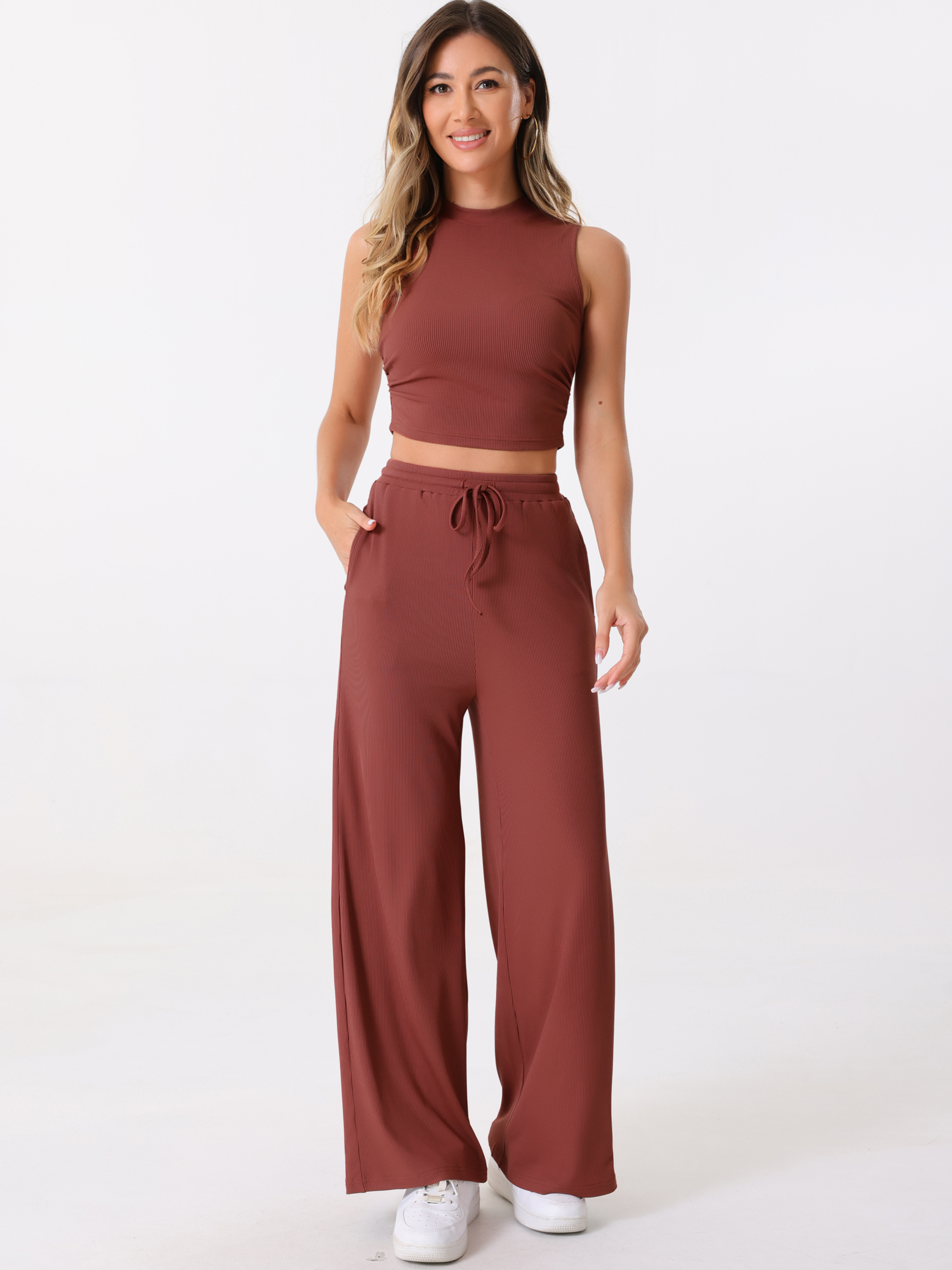 DARING DIVA Women's 2 Piece Sets Crew Neck Crop Tank Wide Leg Pants XL Brick Red