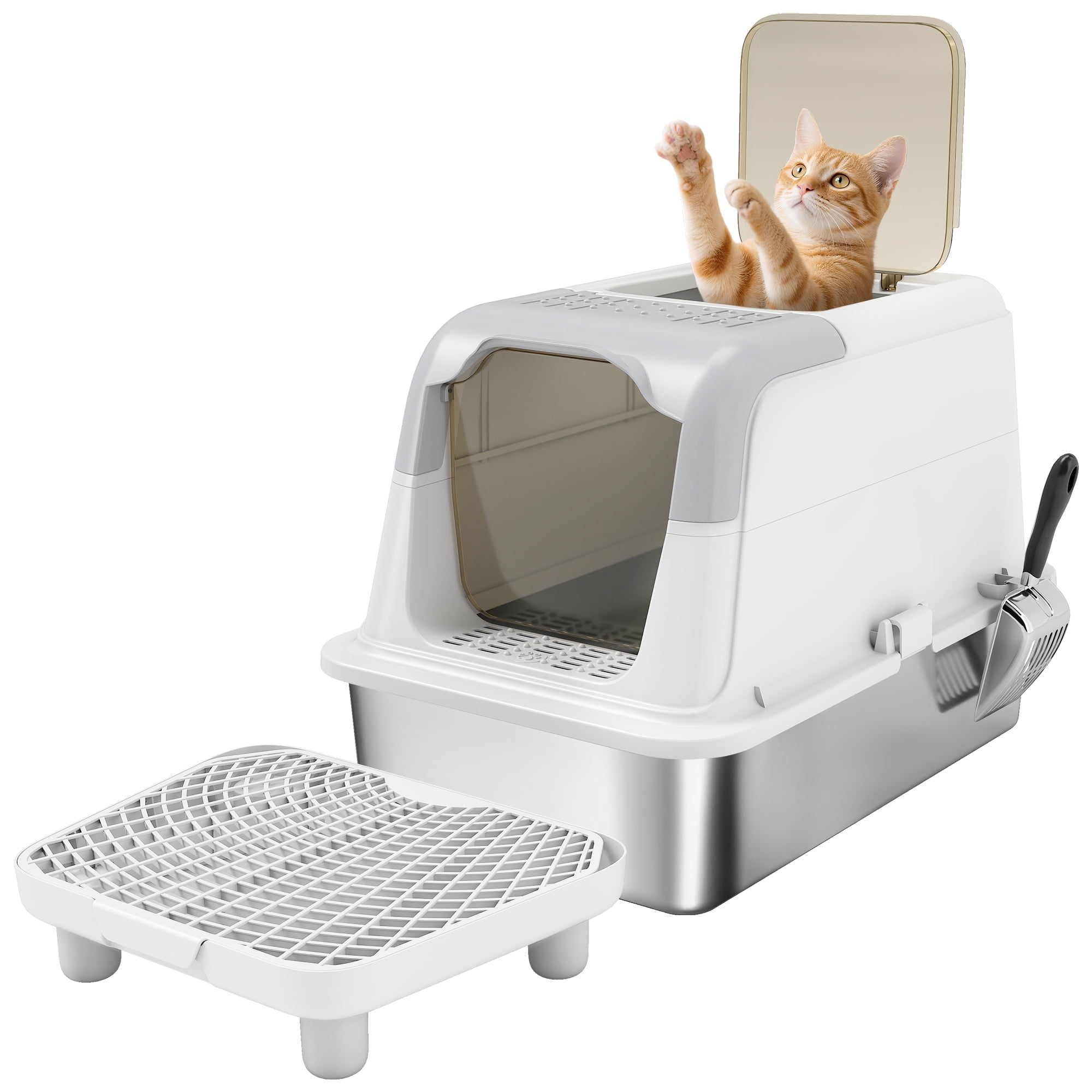 PawHut Stainless Steel Litter Box with Lid, Extra Large Cat Litter Box with High Sided, Front-Entry and Top-Exit, Scoop, Deodorizer Bag, Pedal