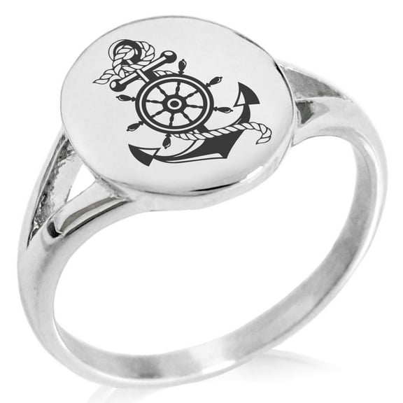Stainless Steel Nautical Ship Helm & Anchor Minimalist Oval Top Polished Statement Signet Ring