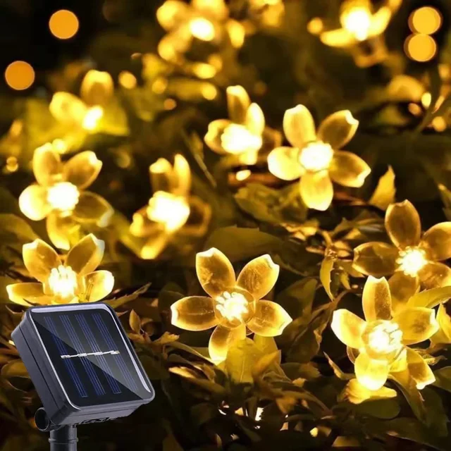 Guirnalda de 50 luces LED solares para exterior, guirnalda de luces con diseño de flor de cerezo, 50 LED, 2 modos, impermeable, para jardín, patio, Navidad, decoración de interiores, blanco cálido [Cl