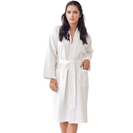 Elegani Robes - Women s 100% Turkish Cotton Waffle Kimono Long Below the Knee Bathrobe (Luxury & Comfort) White (Small)