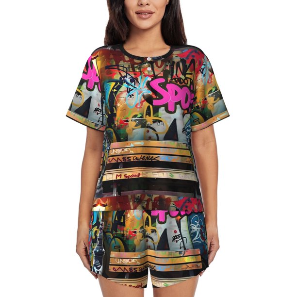Fotbe Graffiti Lamp Urban Scene Conjunto de Pijama Estampado para Mujer, 2 Piezas, Ropa de Dormir con Camiseta de Manga Corta y Shorts Suaves-XX-Large