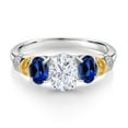 thumbnail image 2 of Gem Stone King 925 Sterling Silver and 10K Yellow Gold Oval White Moissanite Blue Created Sapphire and White Diamond 3 Stone Ring for Women (2.73 Cttw, Gemstone Birthstone, Size 8), 2 of 3
