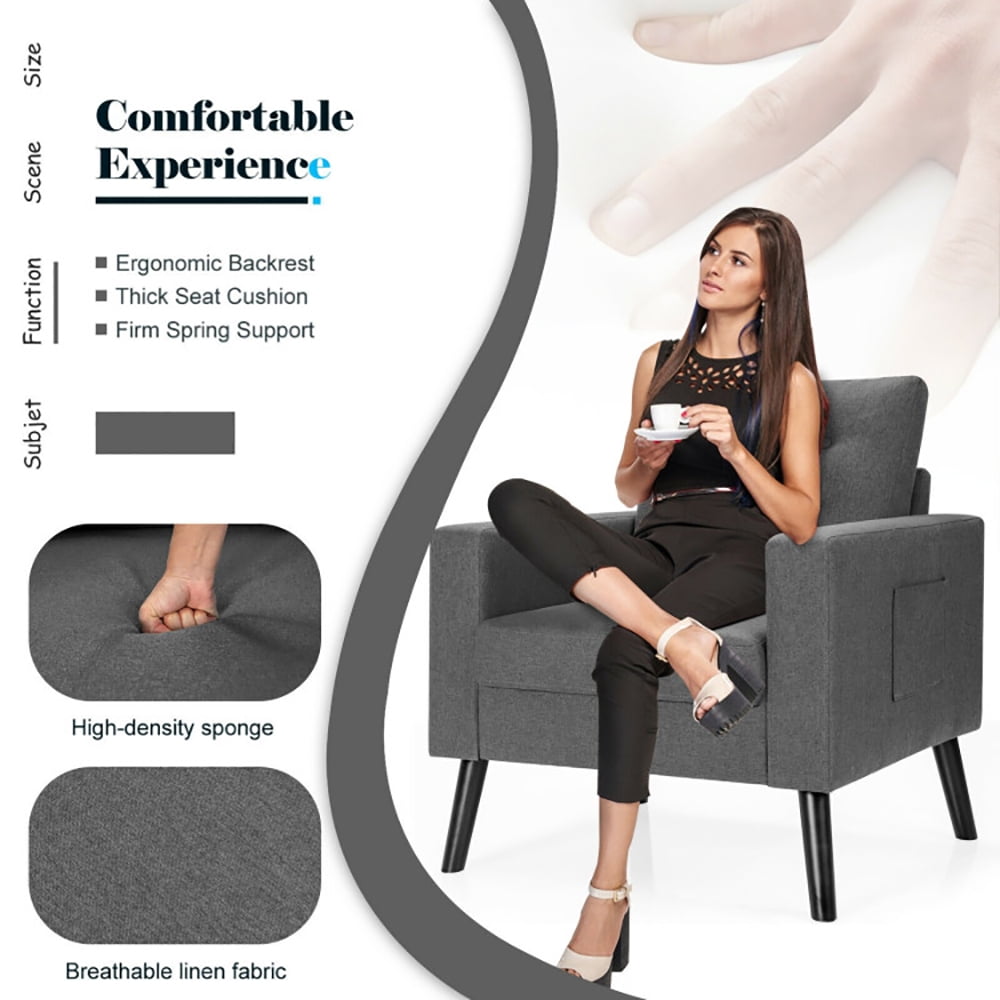 Finihen Upholstered Armchair Chair, Mid-Century Upholstered Armchair Club Chair with Rubber Wood Legs, for Living Room, Bedroom, Gray