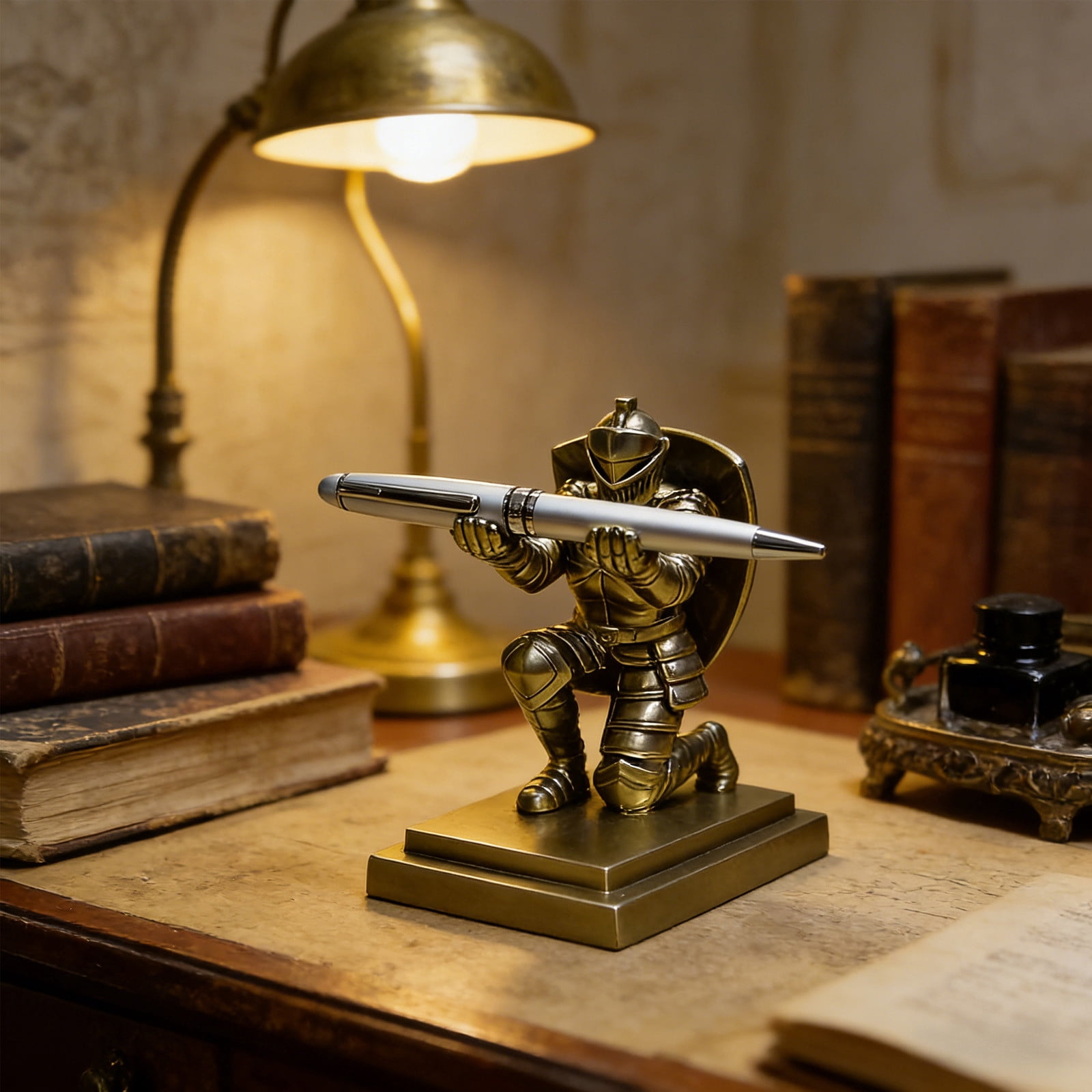Shield Knight Resin Desktop Organizer with Medieval Theme Multi-Purpose Desk Accessory for Phone Display Pen Storage and Book Holding Vintage Style Decoration for Office and Home Decor