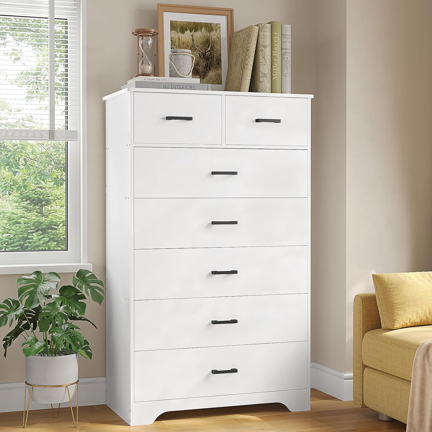 Aunfebrco White Dresser with 7 Drawers for Bedroom Vertical Chest of Drawers with Metal Handle 55.7" Tall Dresser Storage Cabinets for Living Room