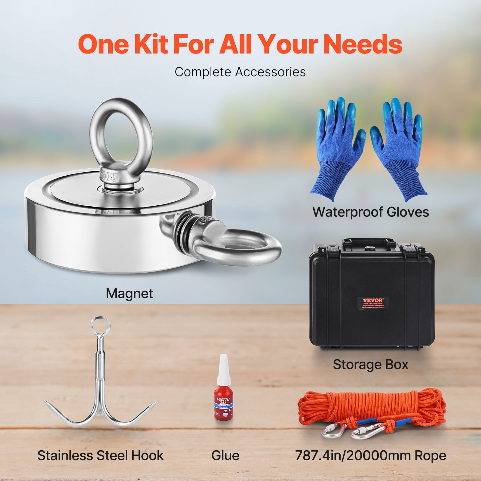 VEVOR Magnet Fishing Kit, 1400 LBS/635 Kg Double-Sided Pulling Force Magnet Fishing Kit, Rare Earth Neodymium Magnetic Fishing Kit Includes Grappling Hook, Heavy Duty Rope, Gloves, Eyebolt, Case