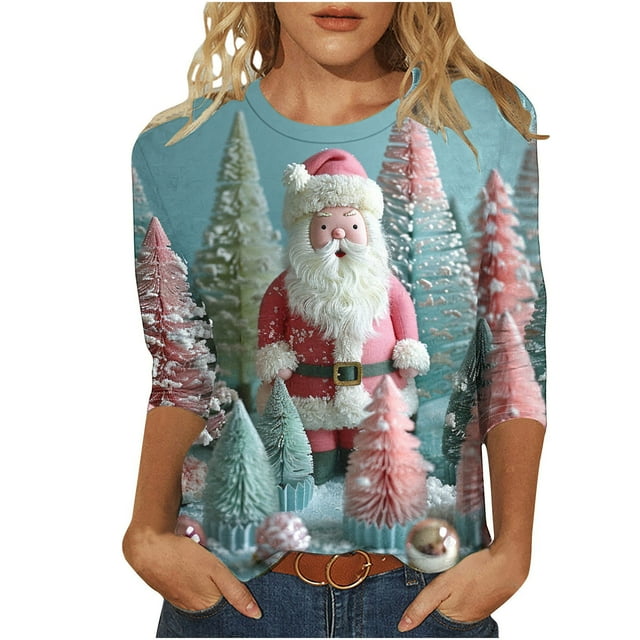 Funicet T-Shirts pour Femmes, Blouses pour Femmes, T-Shirt Imprimé Mode pour Femmes Blouse Manches 3/4 Col Rond Décontracté, Blouse pour Femmes, Blouses pour Femmes Manches 3/4
