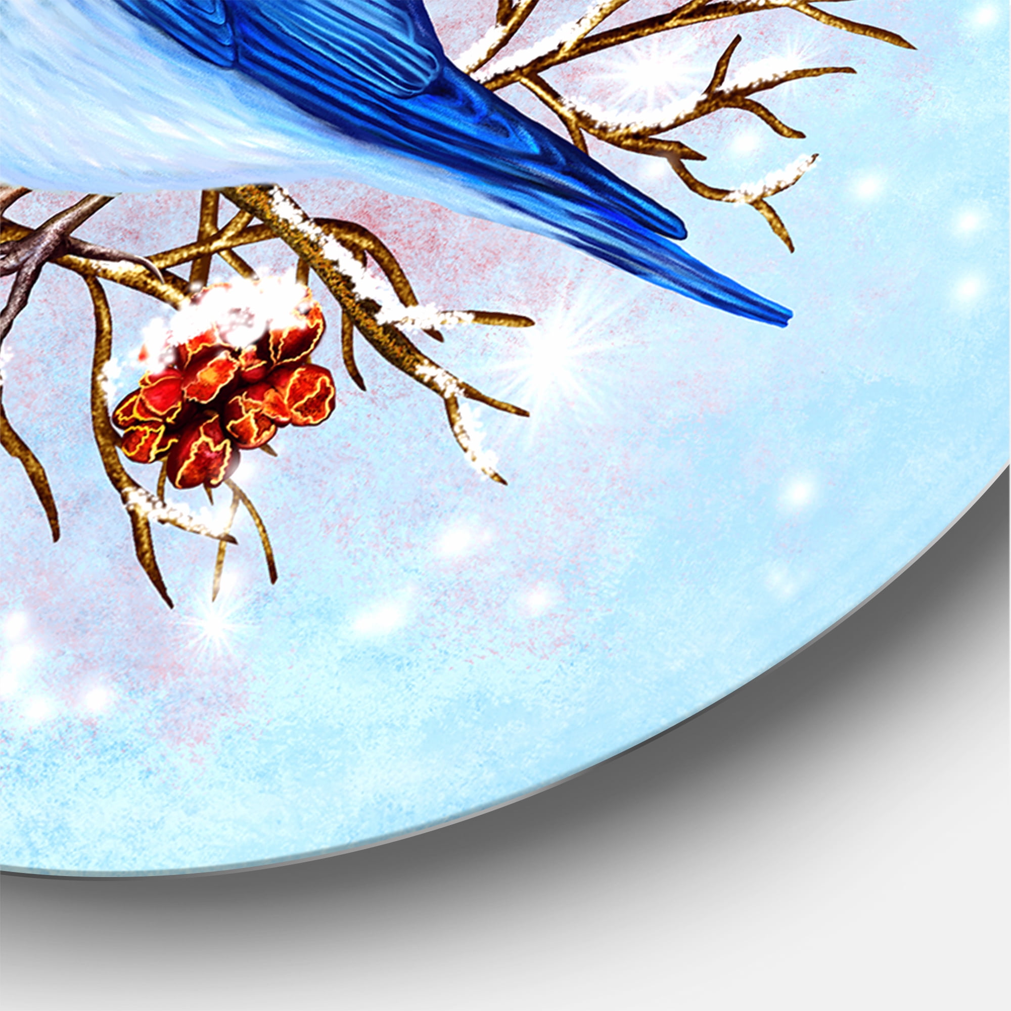 Designart 'Two Blue Birds Sitting On A Branch With Berries In Winter' Traditional Circle Metal Wall Art 36x36 - Disc of 36