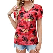 Nlife Women Puff Short Sleeve Hawaiian Shirts Floral Tropic Printed Top Pleated V Neck Boho T-shirt Summer Casual Trendy Boho Blouse