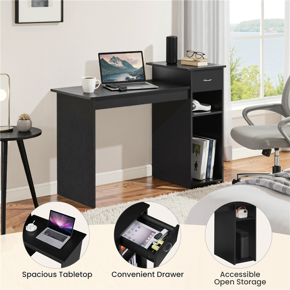 Alden Design Home Office Workstation Computer Desk with Drawer and Storage, Black