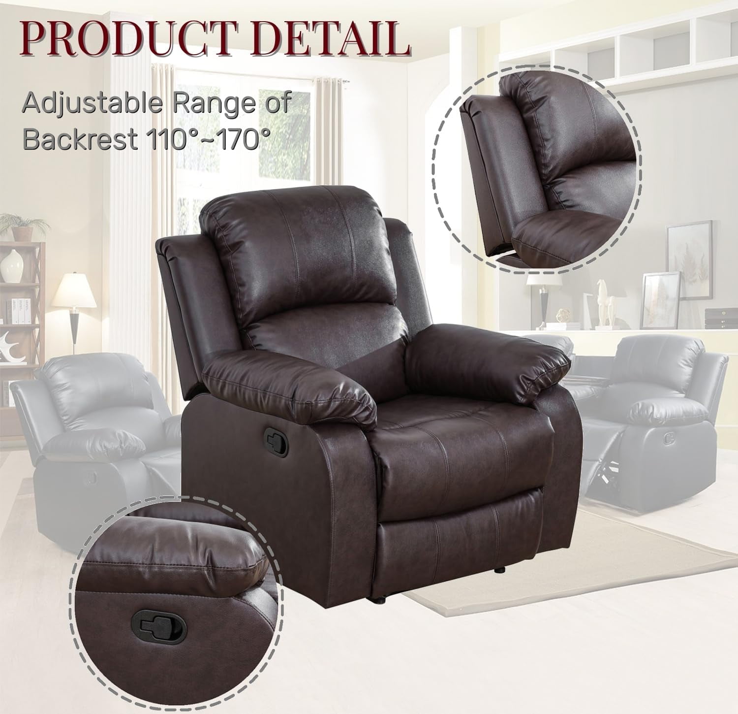 JESTOP Manual Recliner Chair, Overstuffed Faux Leather or Upholstered Single Sofa for Living Room Bedroom