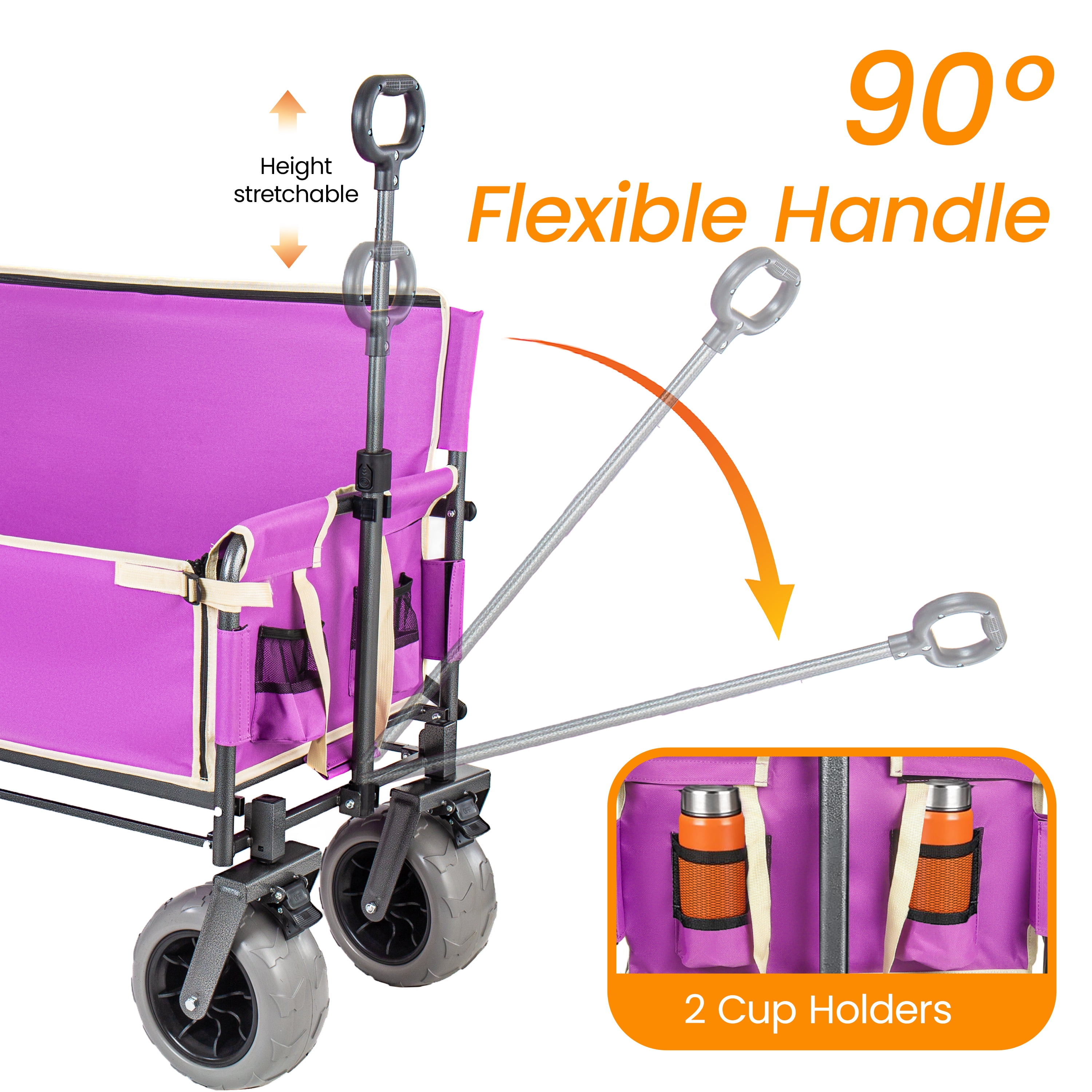 3-in-1 Collapsible Folding Wagon Cart, Convertible Bench with Rear Folding Tabletop & Cup Holders, 500lbs 180L Large Capacity, All-Terrain 360° Swivel Wheels for Camping, Beach, Garden, Fishing