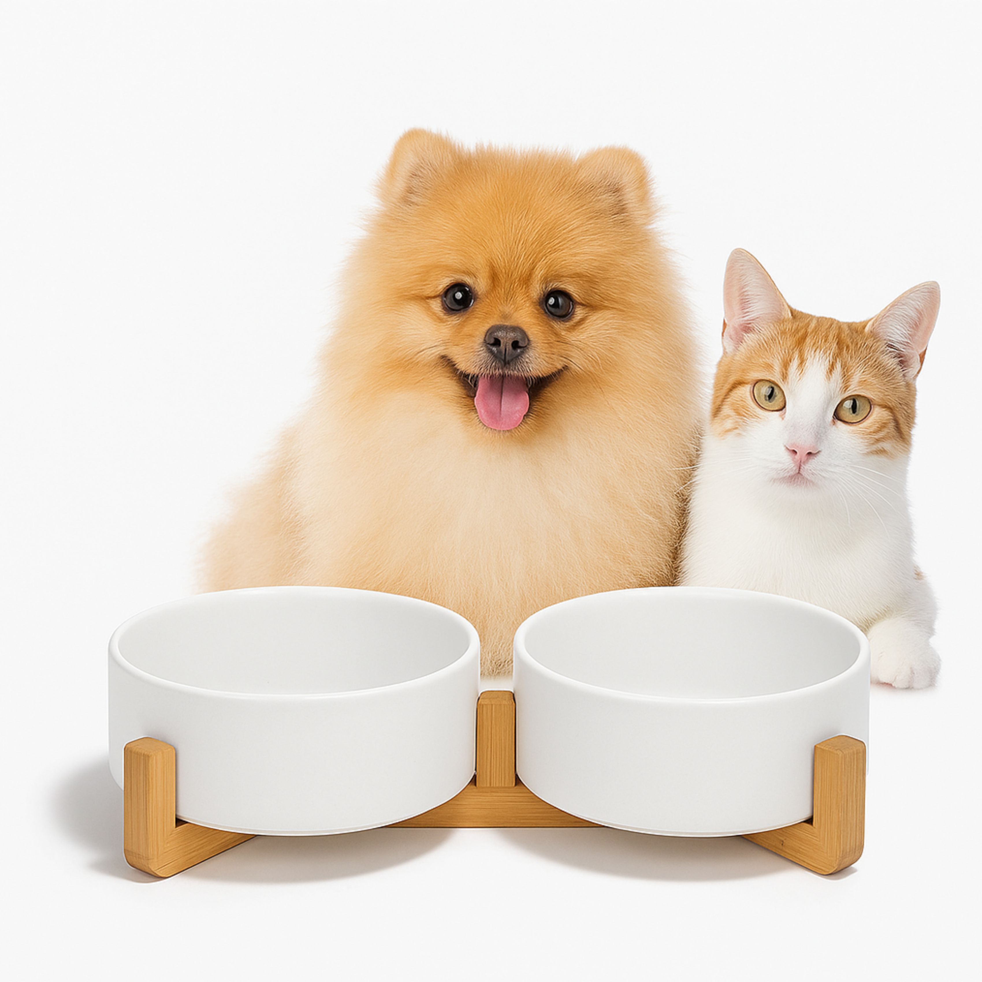 Ceramic Dog and Cat Bowl Set with Bamboo Stand, 13.5oz Tilted Non-Slip Elevated Pet Feeder for Small Dogs & Cats, Dishwasher Safe Food and Water Bowls