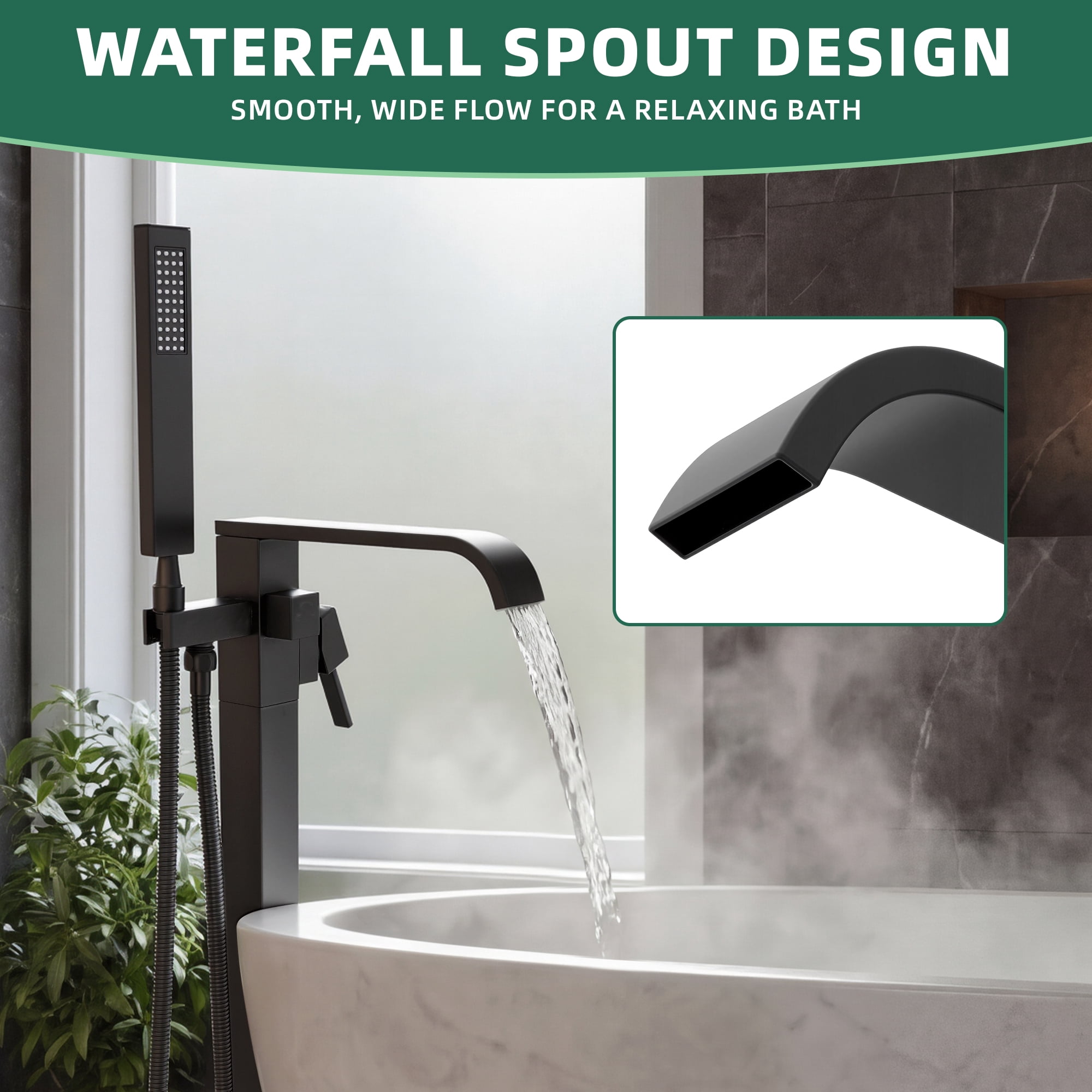 Free Standing Tub Faucet, High Flow Freestanding Bathtub Faucet with Waterfall Spout & Handheld Shower, 360°Swivel Tub Filler, Brass Body, Matte Black
