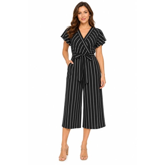 Women's Striped Belted Wide Leg Jumpsuit with V-Neck and Short Flutter Sleeves Black L