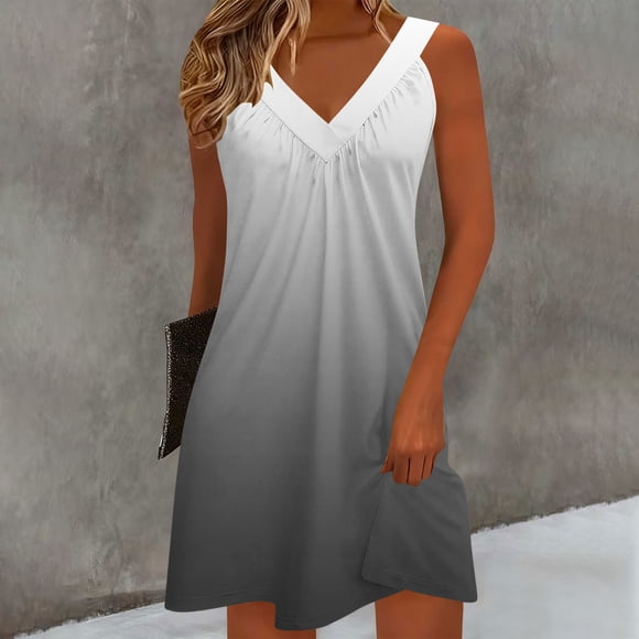 Elvqul Pullover Dresses for Women Sleeveless Spaghetti Strap Mini Dresses V Neck Summer Black Gradient Womens Tank Dresses Loose