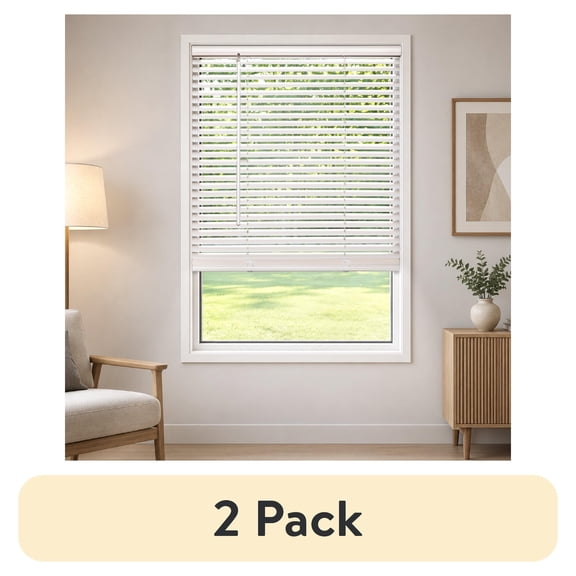 (2 pack) (2 pack) Mainstays Cordless Vinyl Light Filtering Window Blinds, White, 1 in Slats, 1-Piece, 23 in W x 64 in L
