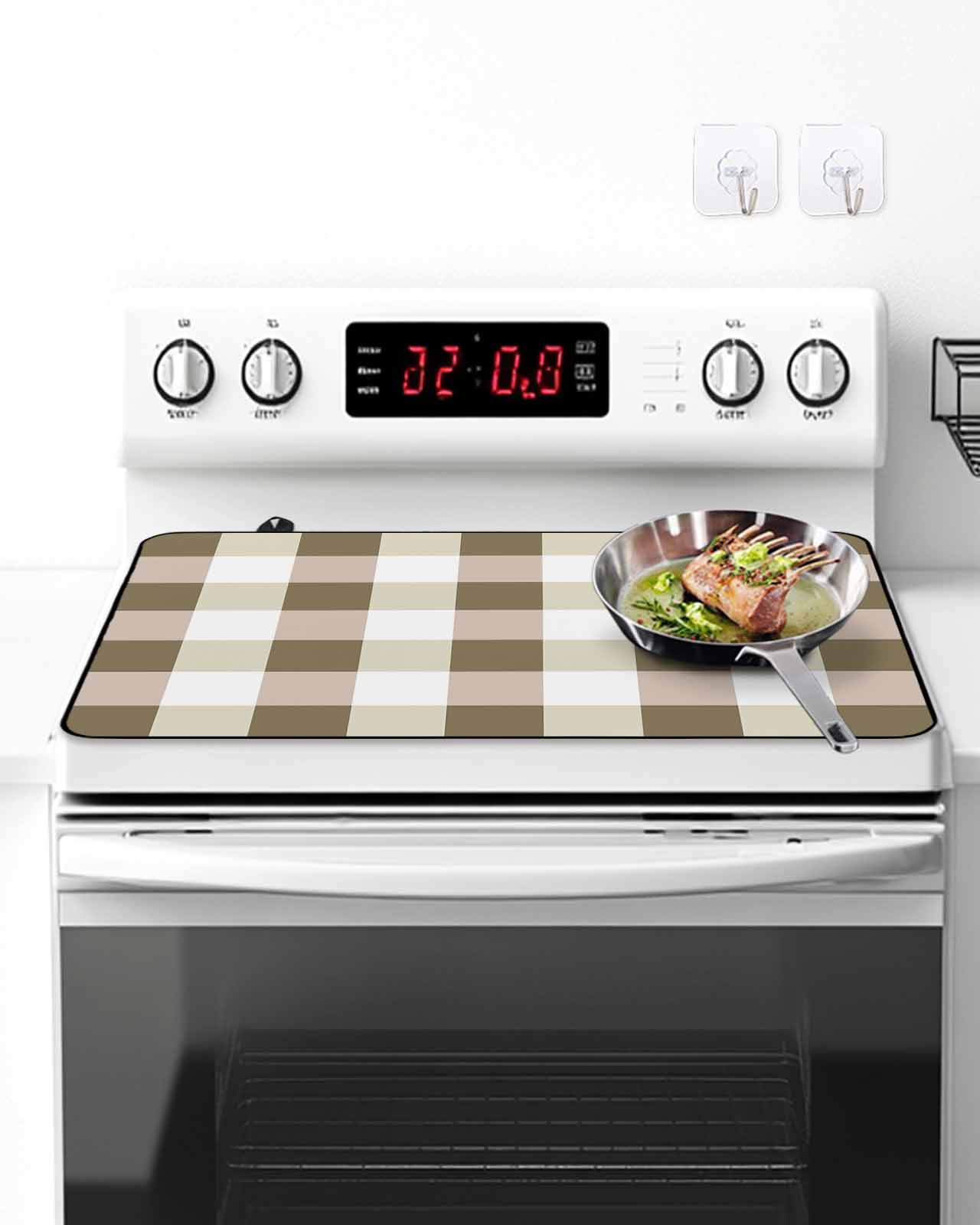 Stove Top Covers for Electric Stove, Brown Plaid Glass Stovetop Cover Protector, Spring Summer Farmhouse Buffalo Checkered Induction Cooktop Protector Oven Mat for Kitchen Countertop 28.5"x20.5"