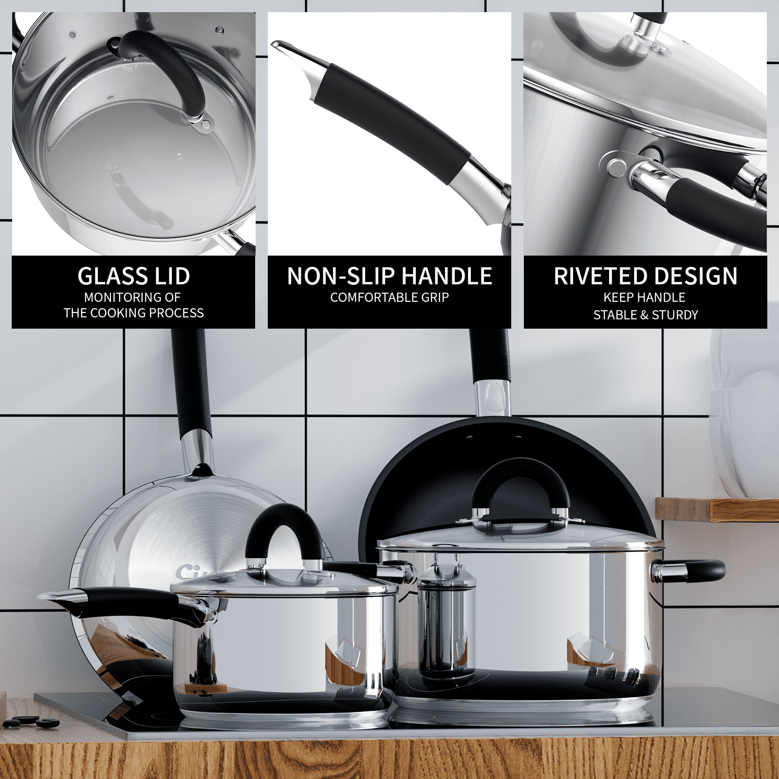 5 Ply Base Pots and Pans Set, 18/8 Stainless Steel Cookware Set of 6, Non Stick Frying Pans, Dishwasher Safe