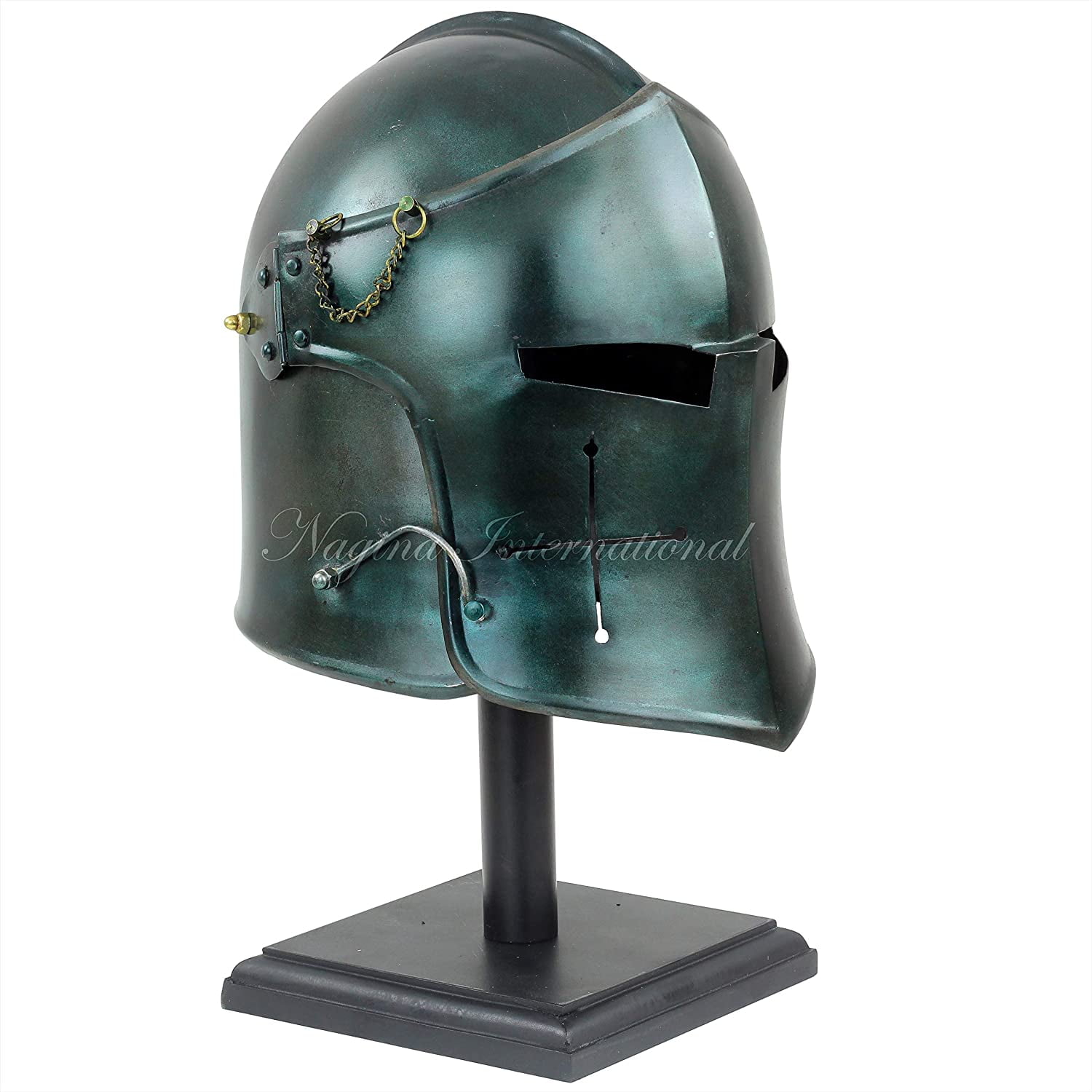 Medieval Helmet Barbuta Visored Brushed Steel (Army Green) With Black Base