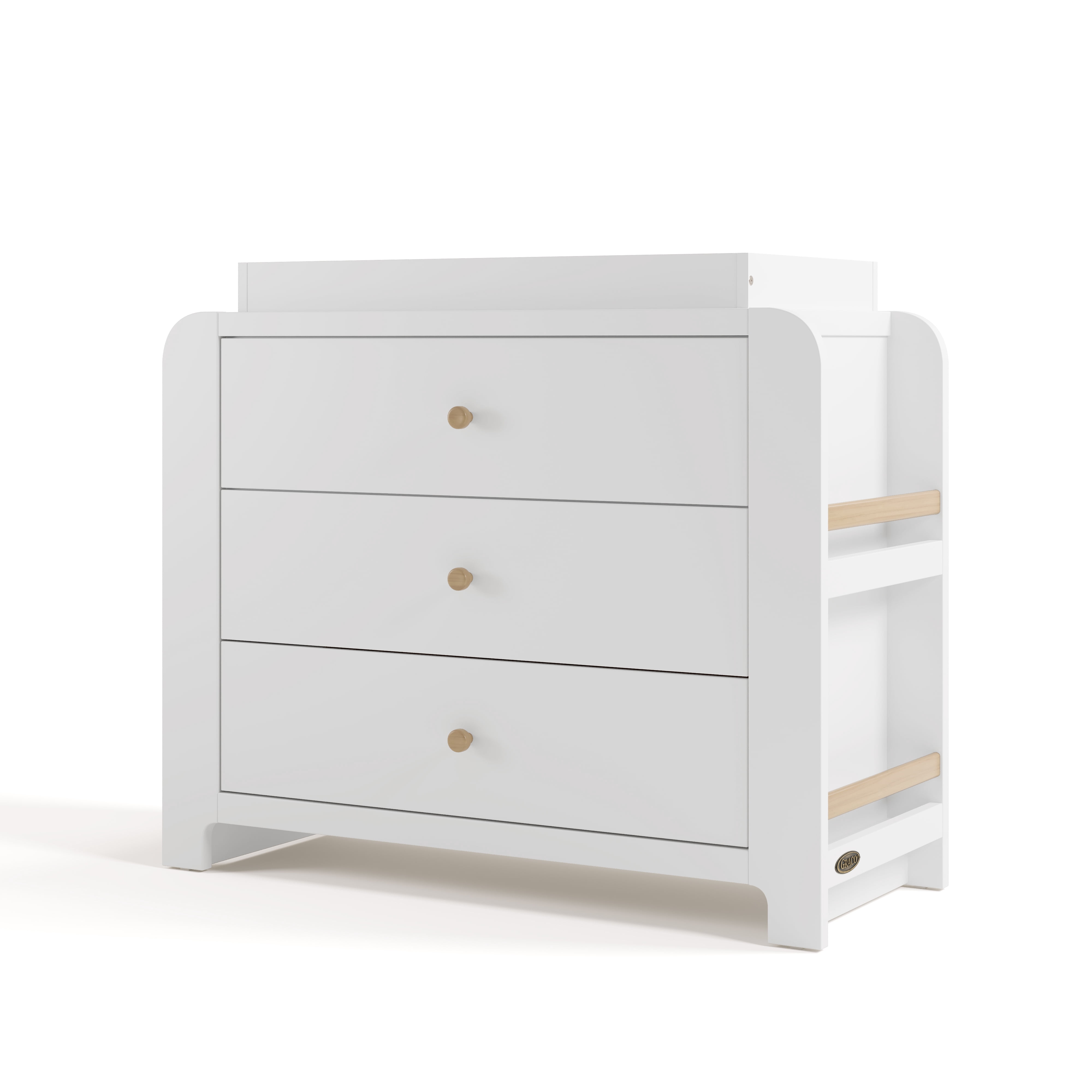 Graco Read-with-Me 3 Drawer Chest with Bookshelves and Removable Changing Topper, White with Driftwood