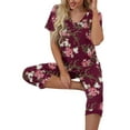 thumbnail image 4 of Women's Casual Homewear Summer Pajama Set Short Sleeve V Neck T-shirt and Capri Pants Sleepwear Lounge Suits, 4 of 6