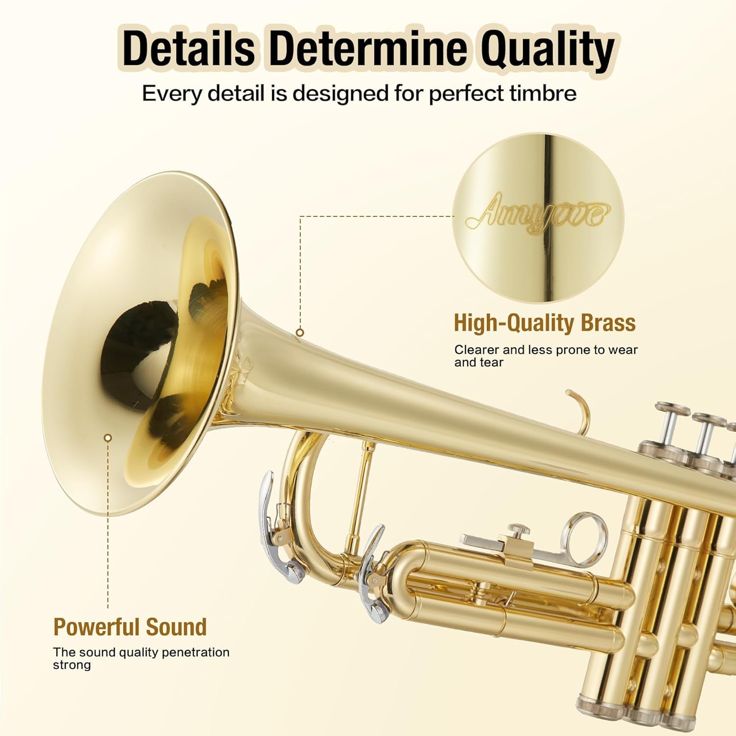 B-Flat Trumpet, Gold Nickel-Plated Brass with Hard Case, Gloves & Cleaning Kit, 3-Valve Trumpet for Beginners and Adults, Suitable for School Bands and Practice