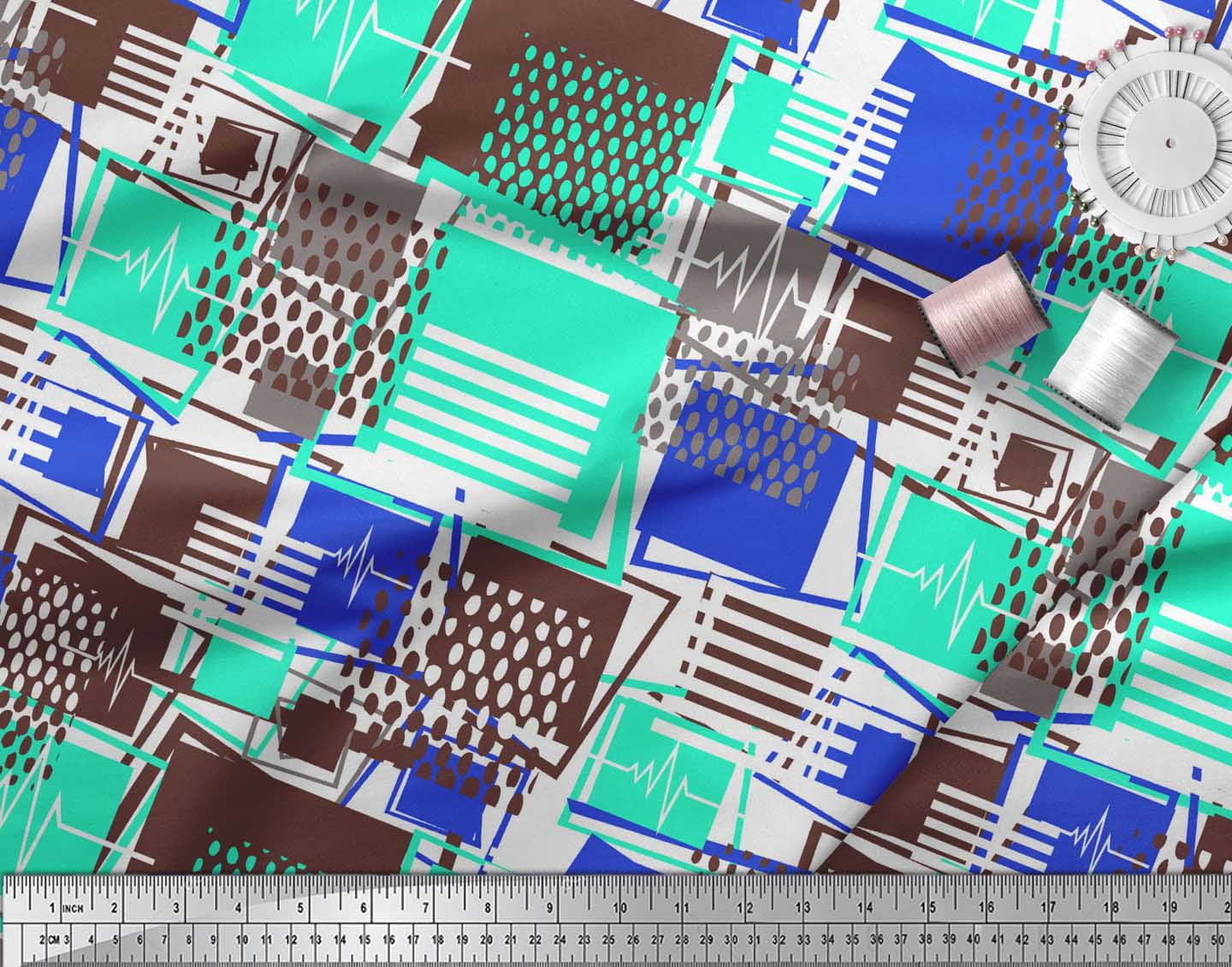 Soimoi Green Rayon Crepe Fabric Geometric Abstract Print Fabric by Yard 46 Inch Wide