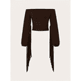thumbnail image 3 of ZOELNIC Women's Off The Shoulder Fringe Trim Tops Western Cowgirl Long Sleeve Crop Top Tassel Shirt Blouses, M, 3 of 4