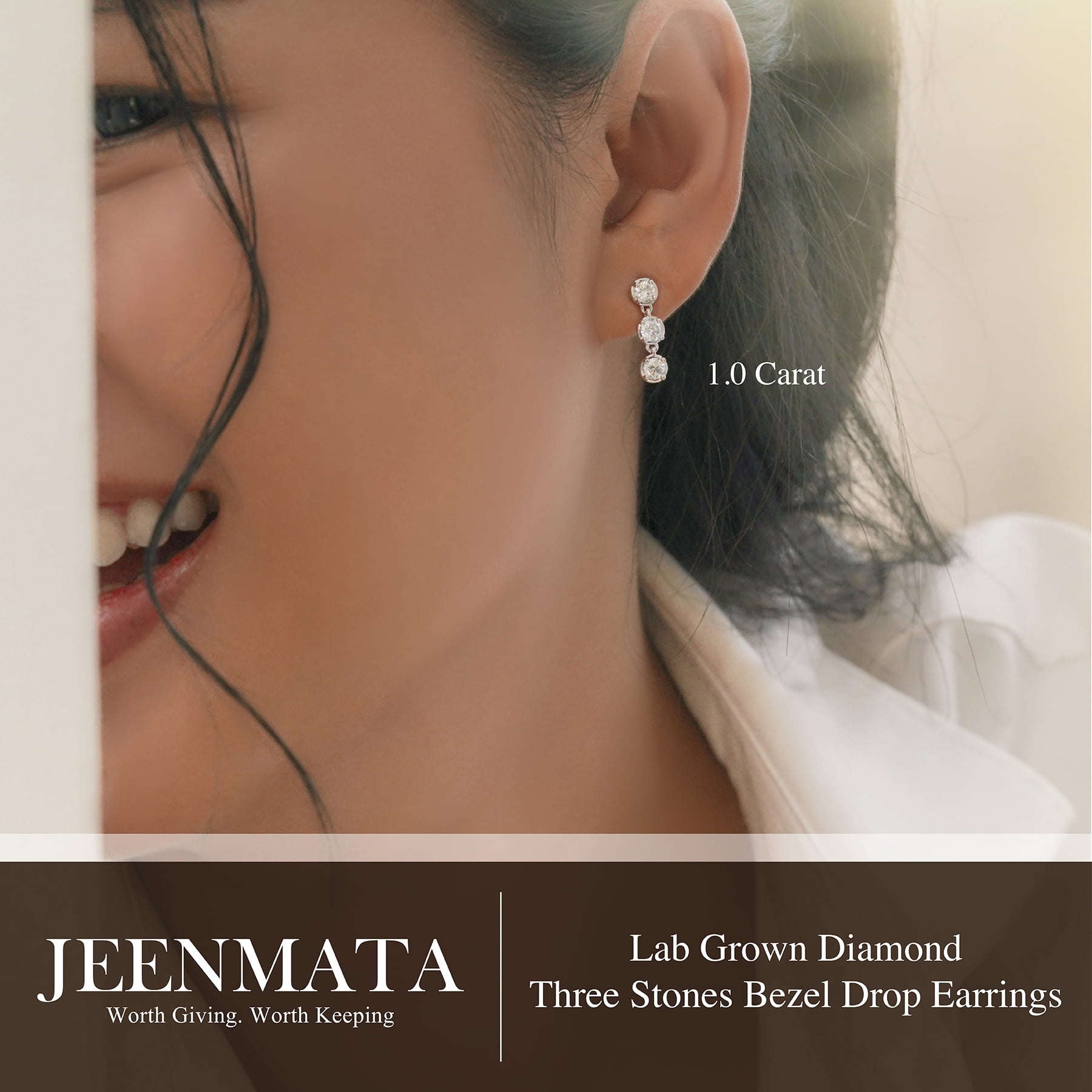 JeenMata 1 Carat Lab Grown Diamond Bezel Drop Earring - Classic Round Cut Three Stones Dangle Earrings in 18K White Gold Plating for Women, Gift for Her