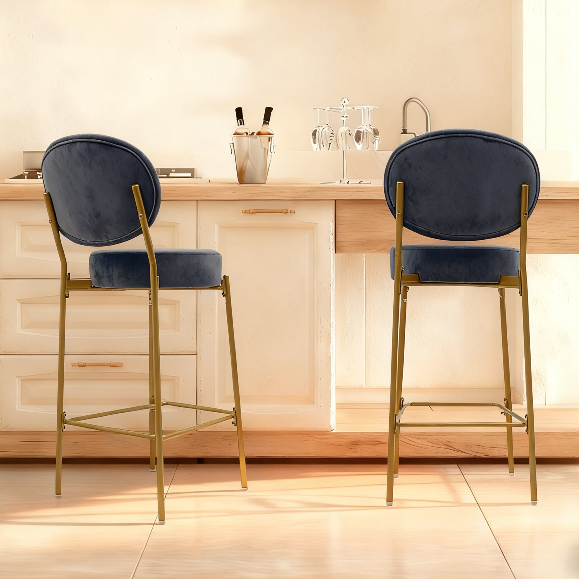 Jopath Set of 2 Velvet Upholstered Bar Stools Round Counter Stool with Backrest & Footrest Dining Chairs for Kitchen Island (Gray)