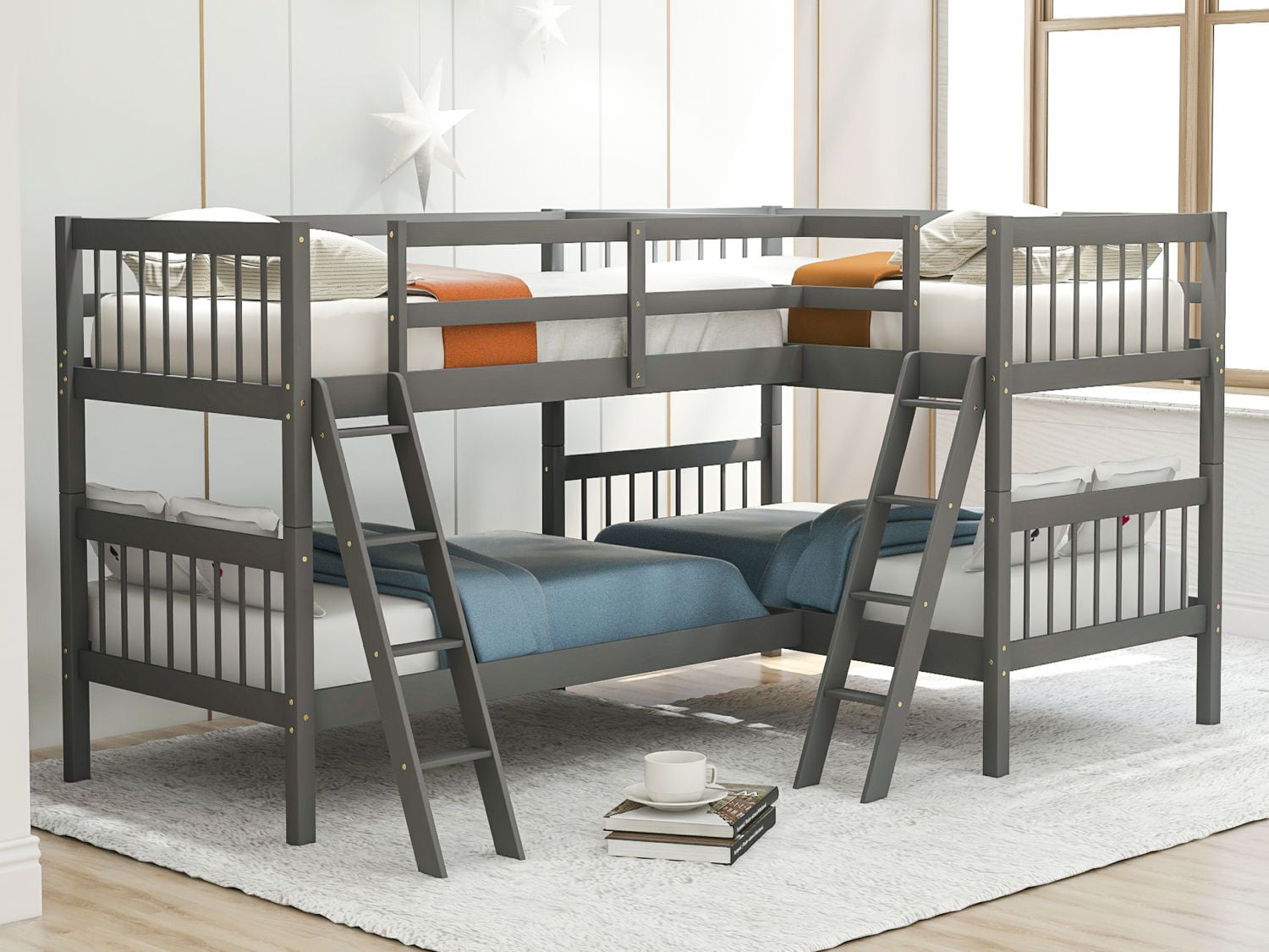 L Shaped Bunk Bed Twin Size Solid Wood, Twin Over Full L Shaped Bunk Bed With Drawers And Shelves