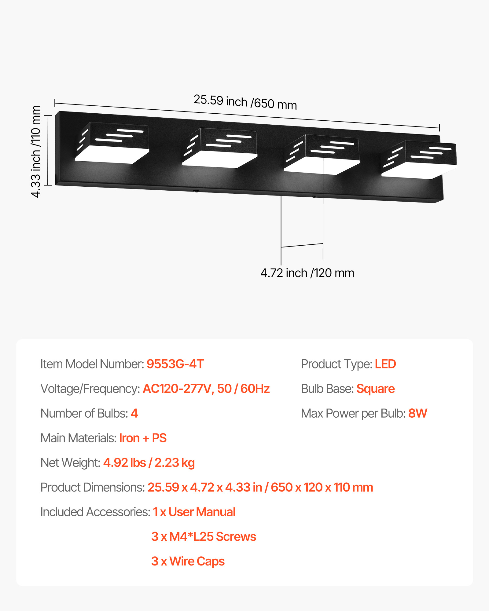 VEVOR 4-Light LED Modern Vanity Light Fixtures,25.59-Inch,Black Finish Bathroom Wall Lighting Fixture Over Mirror, with IP44 Waterproof, for Bathroom, Living Room, Bedroom, Hallway, Cool White 6000K