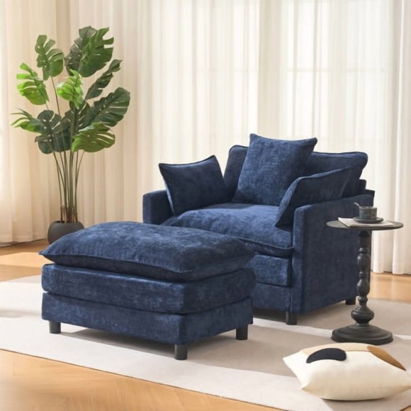 Silla de acento moderno de 39,4" con otomano, silla de club de sala de estar Chenille tapiceada silla, silla de lectura para dormitorio