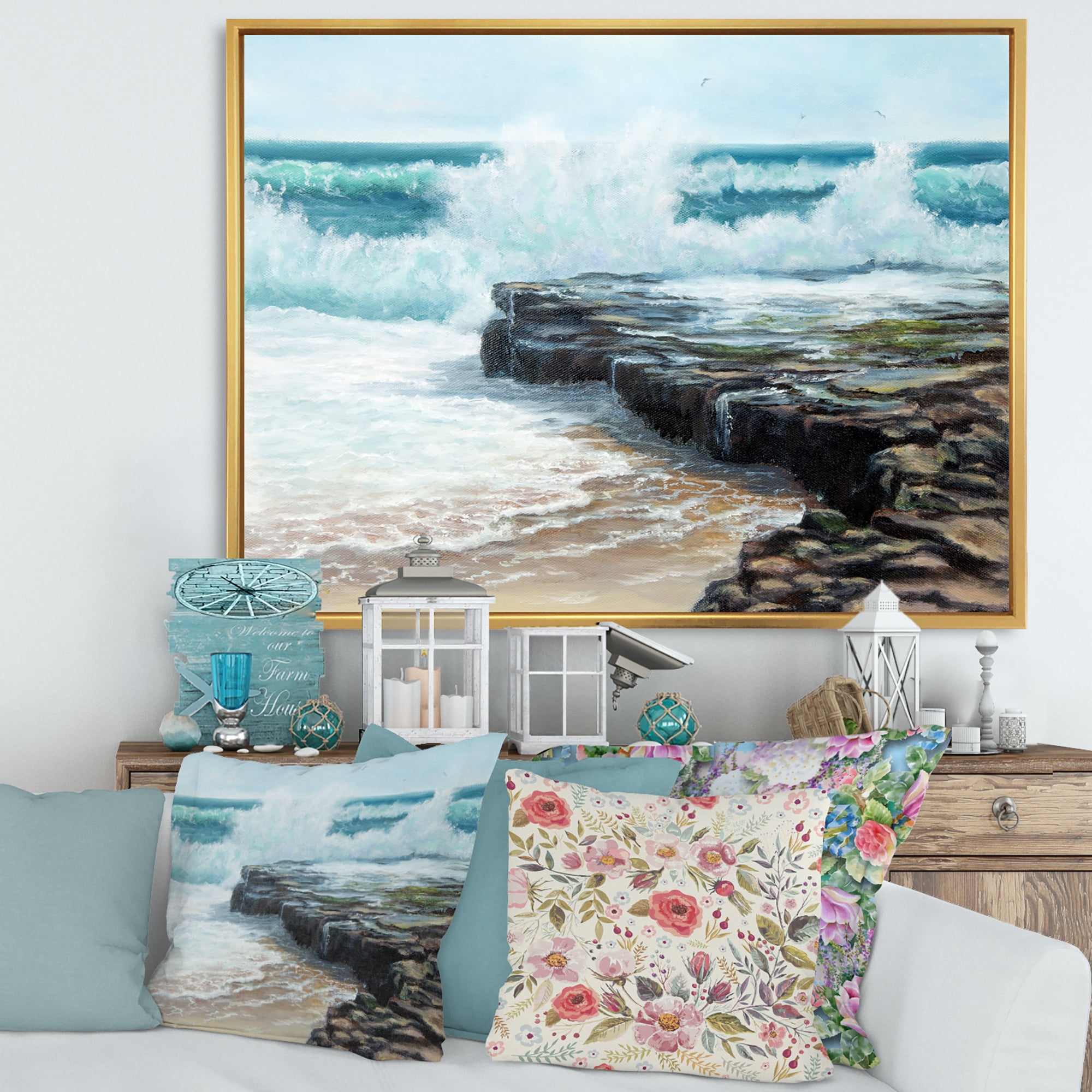Wild Ocean Waves Breaking On The Shore 40" x 30" Framed Painting Canvas Art Print, by Designart