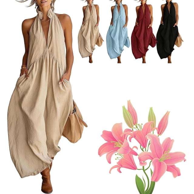 Robe Maxi Minimaliste à Col Licou - Robe d'Été Décontractée à Coupe Ample avec Poches, Chic Sans Manches Longue Robe de Plage