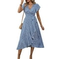 thumbnail image 3 of DYMADE Women Summer Floral Print V-Neck Short Sleeve Belted Ruffle Midi Length A-Line Dress, 3 of 5