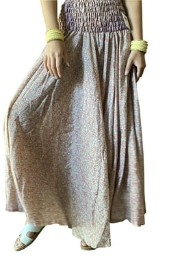 Mogul Women Peach High Waist Wide Leg Flare Vintage Printed Sari Divided Maxi Long Skirts SML