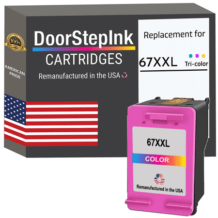 DoorStepInk High Yield Ink Cartridge for 67XXL 6ZA16AN Tri-Color DoorStepInk Remanufactured in The USA High Yield Ink Cartridge for 67XXL 6ZA16AN Tri-Color DoorStepInk Cartridge has been remanufactured in the USA using state-of-the-art technology under strict quality control to ensure the quality of all HP inks at a high level. We remanufacture each cartridge to the highest quality standards to match OEM ink level  color  and performance guaranteed. DoorStepInk is a leader and award-winning recycler of inkjet cartridges. Our ink cartridges allow pictures to come out sharp with strong details for a more realistic appearance and higher quality. Each one is remanufactured using the latest technology and customized equipment to produce the highest quality ink cartridges in the world. It s capable of delivering a wide range of colors. Each print from this tri-color ink cartridge will stay vibrant for a long time. This Inkjet Print Cartridge is also compatible with several different models. Key Features: Every cartridge is remanufactured in the USA Plug and print for brilliant  sharp  and high-quality printouts 100% satisfaction guaranteed Page Yield: Tri-Color 450 Environmentally friendly ink cartridges The use of remanufactured printing supplies does not void your printer