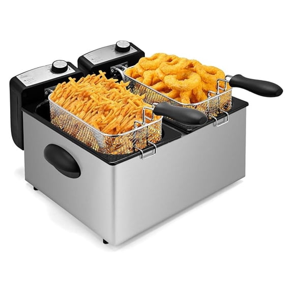 Electric Double Deep Fryer with 2 Baskets & Lids, 3L Stainless Steel Removable Double Fryer,Temperature Control,Overheat Protection,3000W