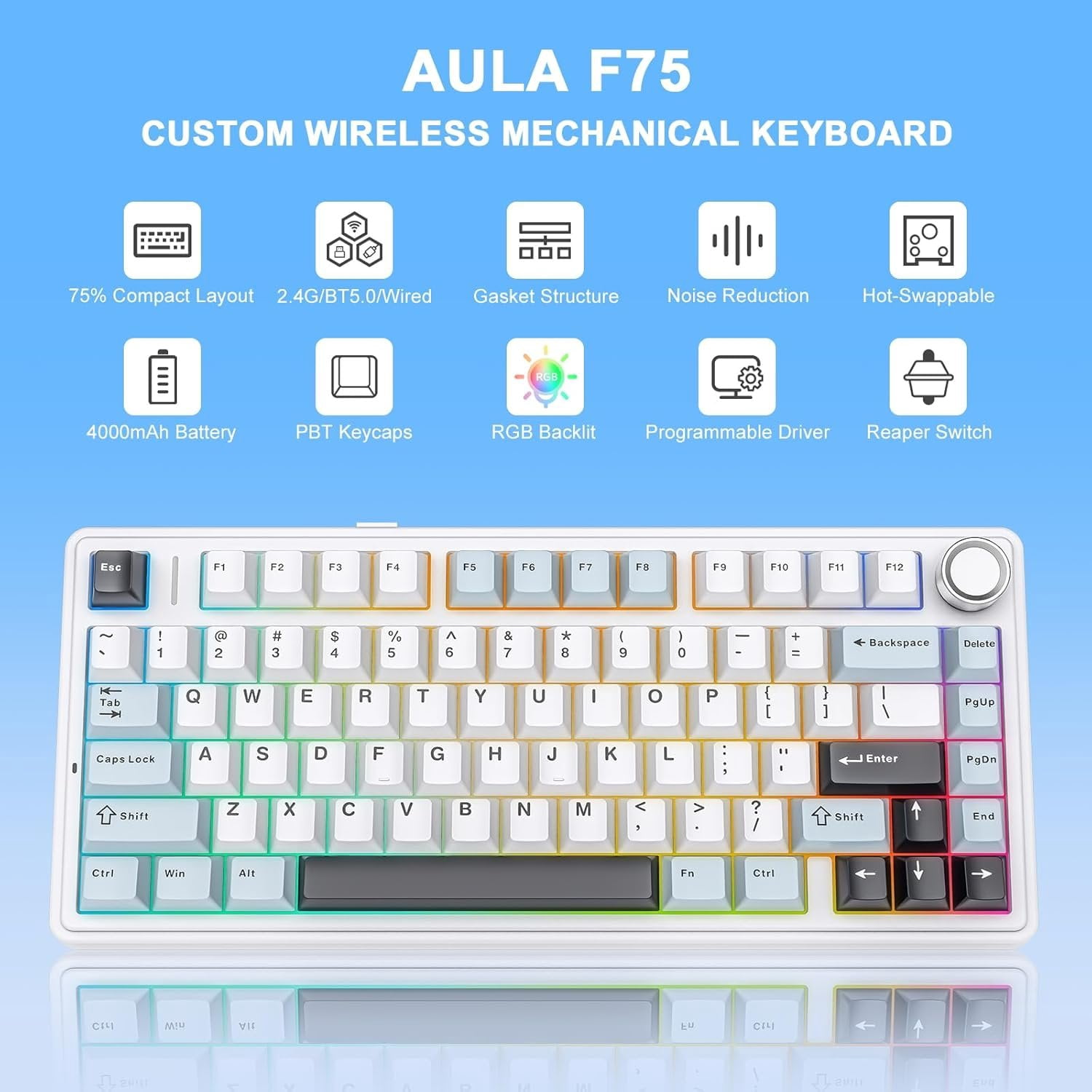 AULA F75 - 75% Mechanical Keyboard,Hot Swappable Custom Gaming Keyboard with Knob,BT5.0/2.4GHz/USB-C,RGB Backlit,Pre-lubed Reaper Switches,Double Shot PBT Keycaps,Mechanical Gaming Keyboards