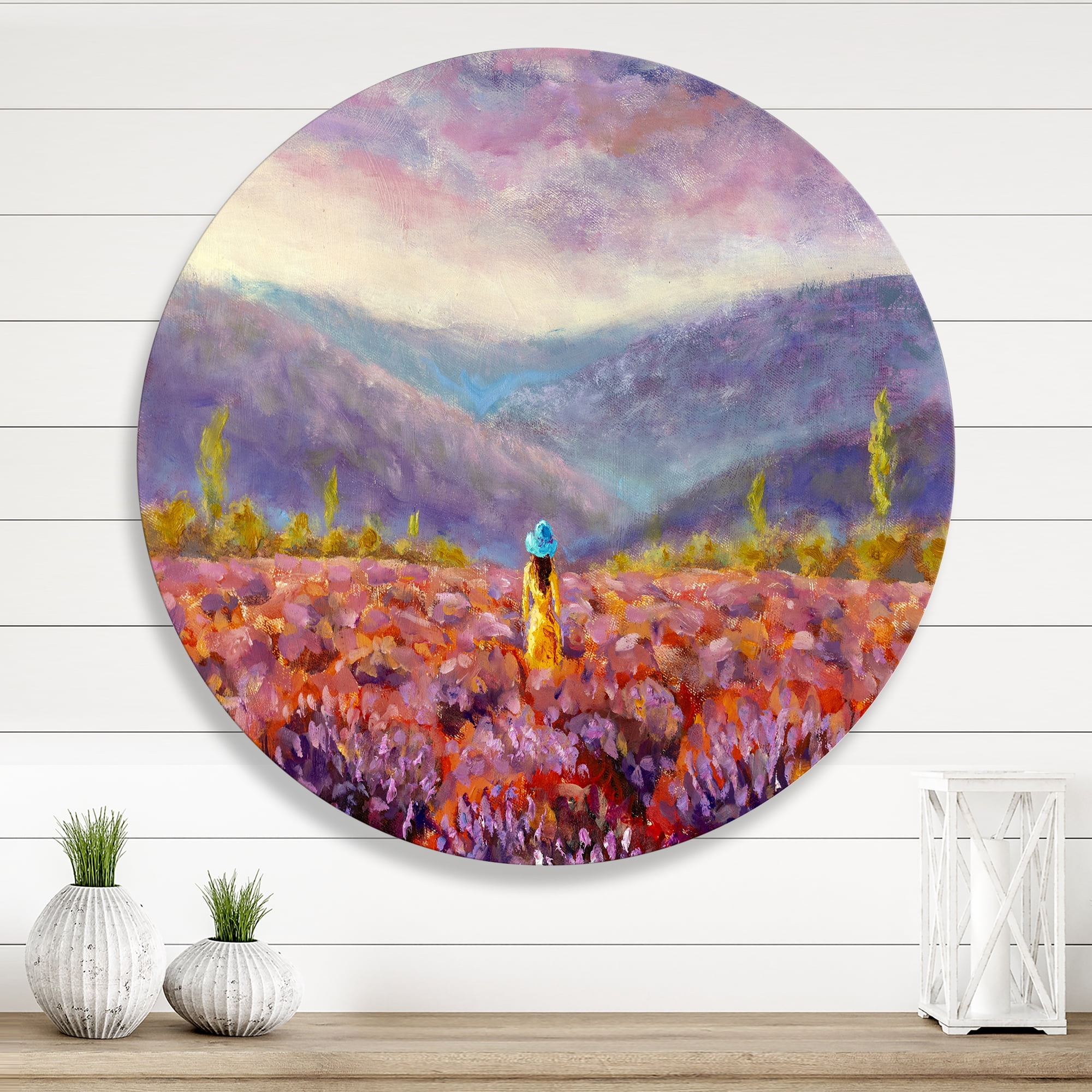 Designart 'Girl In Yellow Dress & Hat Walking Through Fields' Traditional Circle Metal Wall Art 11x11 - Disc of 11