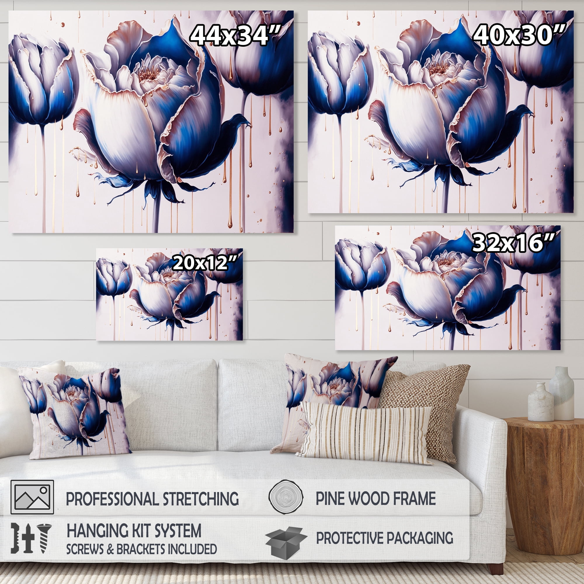 Designart Ice Blue And Gold Paint Drip Tulip II Canvas Wall Art