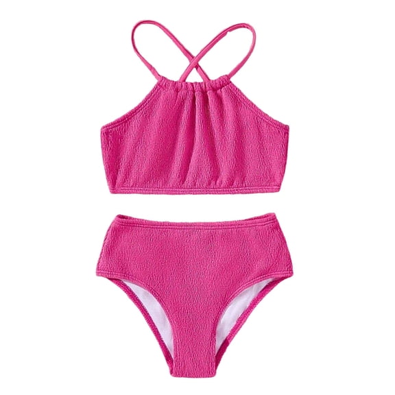 SGMVNU Two Piece Bikini Set for Girls, Crop Bikinis Swim Top with Bathing Bottoms, Kids Swimsuits Summer Beach Pool Swimwear, Size 6-7 Years, Hot Pink 2