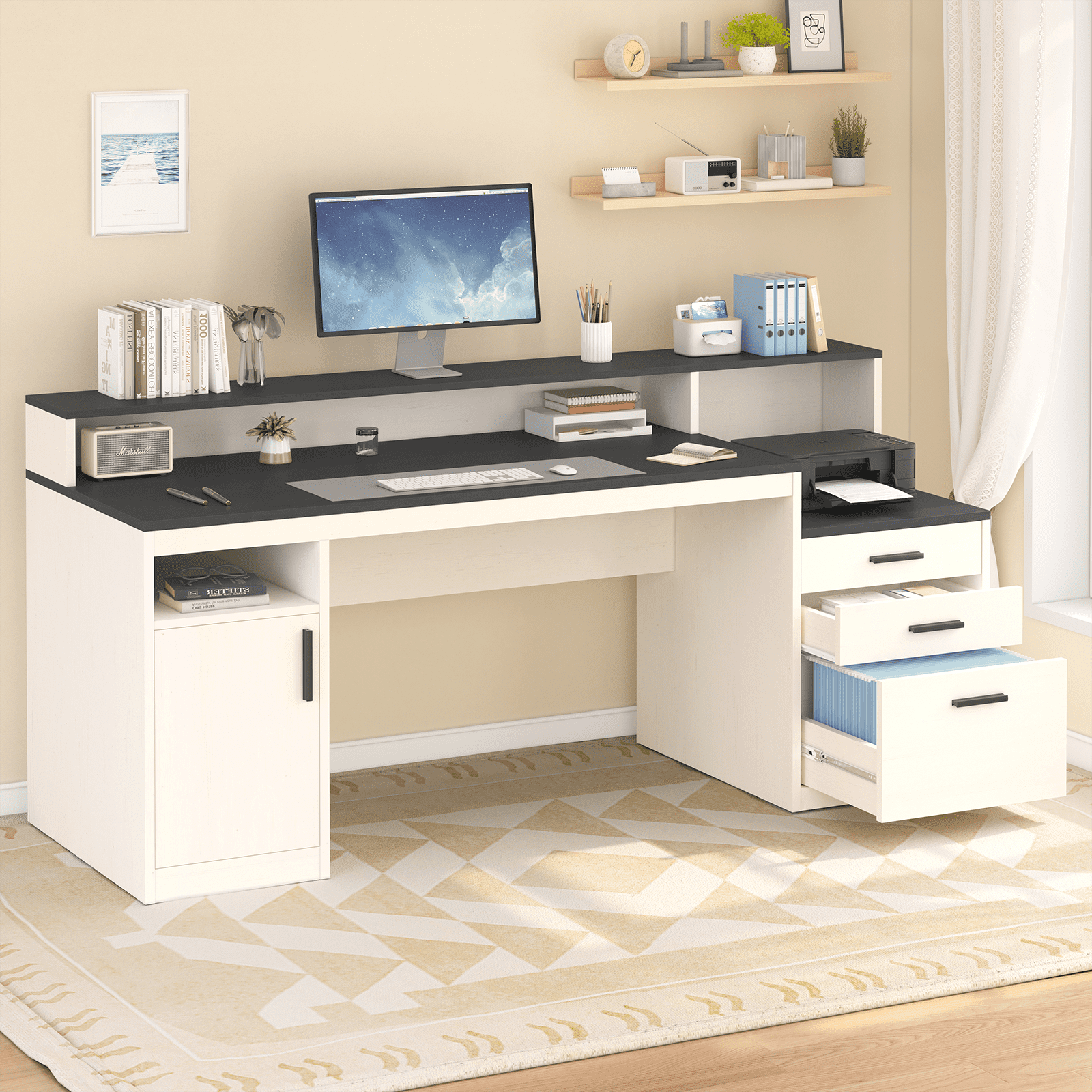 65 Inch Computer Desk with 3 Drawers & Storage Shelves, Executive Desk with File Drawer & Cabinet, Home Office Desk with Long Monitor Stand & Printer Shelf, Black & White