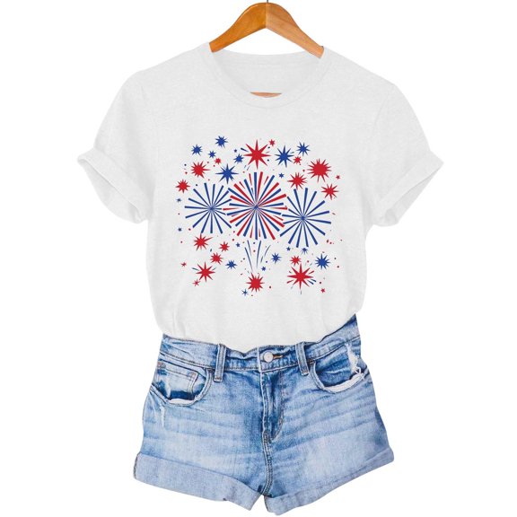 Busydd 4th of July Women's Tops Stylish USA Stars and Stripes T Shirts for Women Independence Day Casual Short Sleeve Round Neck Summer Tops S
