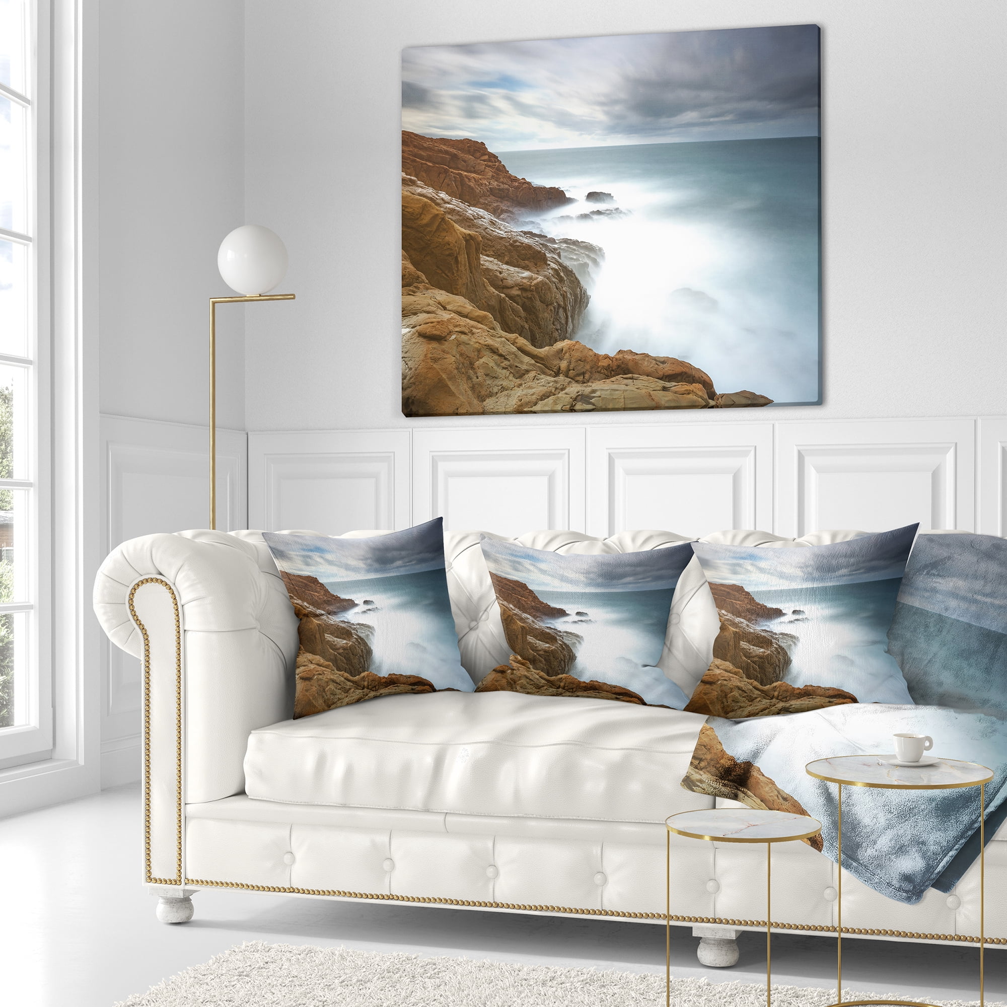 Designart Dark Red Rocks and Foam Waves - Seascape Throw Pillow - 18x18